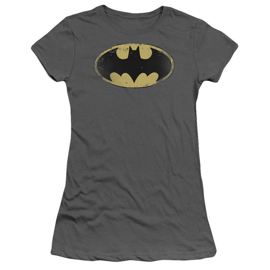 Batman Distressed Shield Junior Sheer Cap Sleeve Womens T Shirt Charcoal