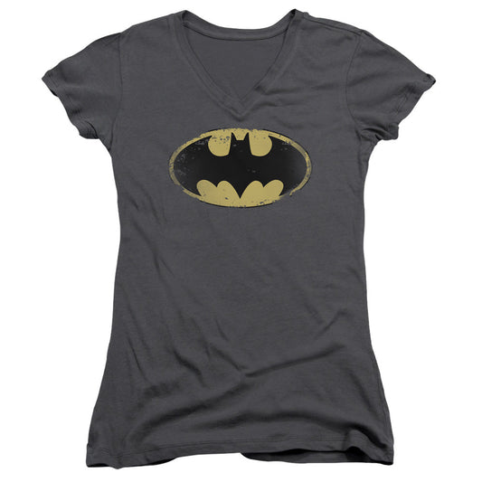 Batman Distressed Shield Junior Sheer Cap Sleeve V Neck Womens T Shirt Charcoal