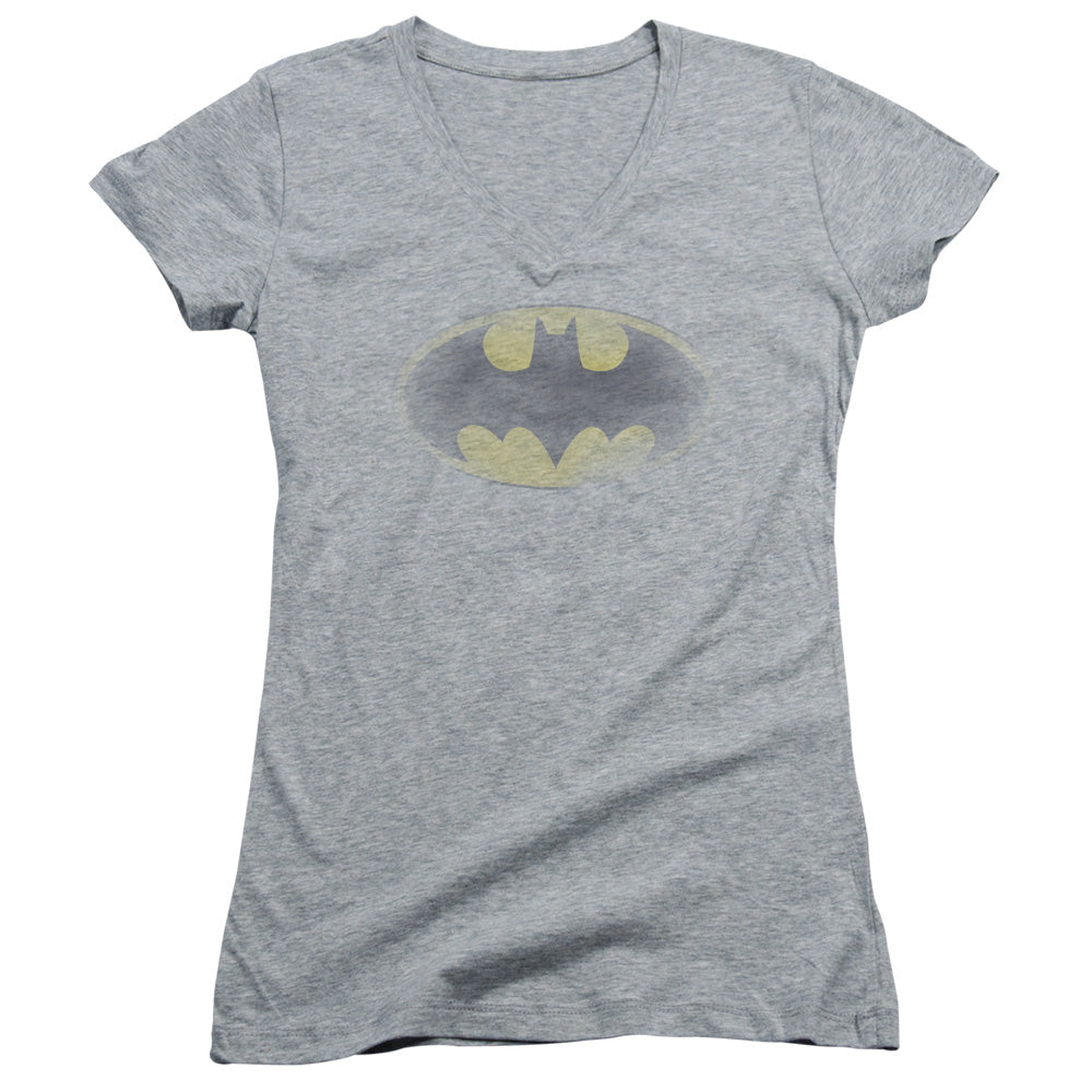 Batman Faded Logo Junior Sheer Cap Sleeve V Neck Womens T Shirt Athletic Heather