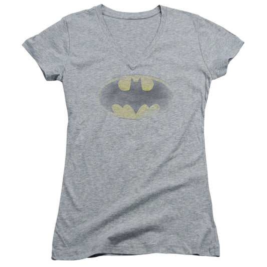 Batman Faded Logo Junior Sheer Cap Sleeve V Neck Womens T Shirt Athletic Heather