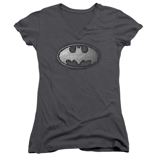 Batman Duct Tape Logo Junior Sheer Cap Sleeve V Neck Womens T Shirt Charcoal