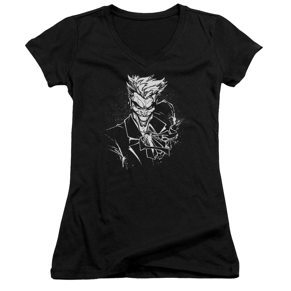 Batman Jokers Splatter Smile - Juniors V-Neck T-Shirt