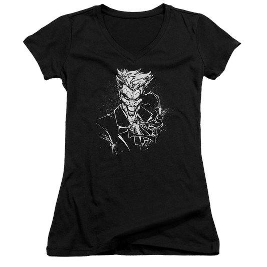 Batman Jokers Splatter Smile - Juniors V-Neck T-Shirt
