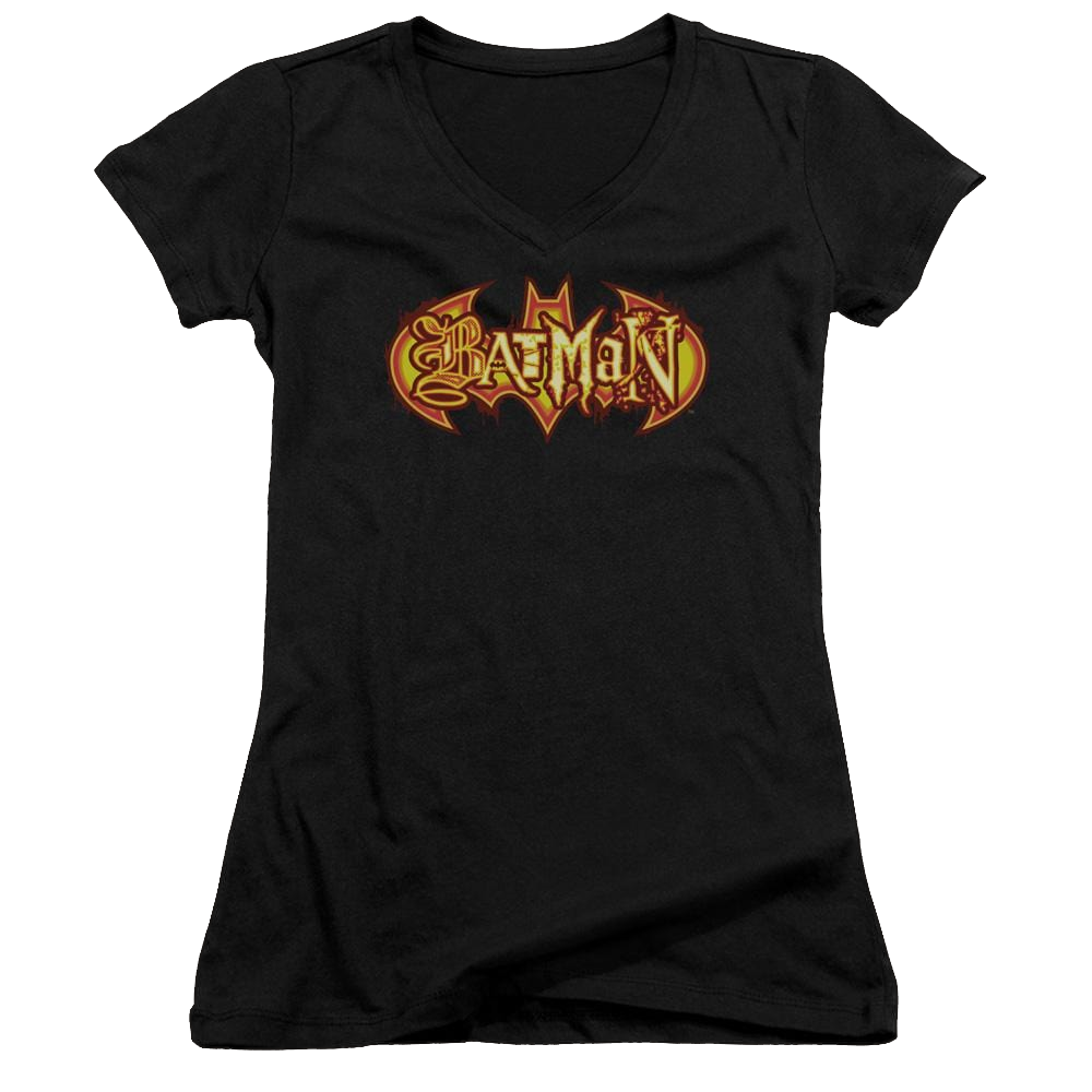Batman Fiery Shield - Juniors V-Neck T-Shirt