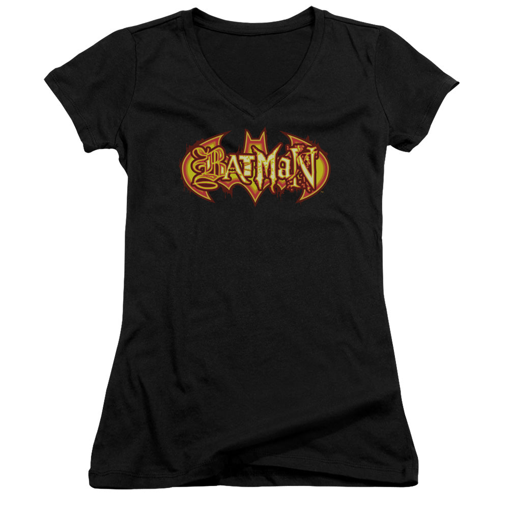 Batman Fiery Shield Junior Sheer Cap Sleeve V Neck Womens T Shirt Black