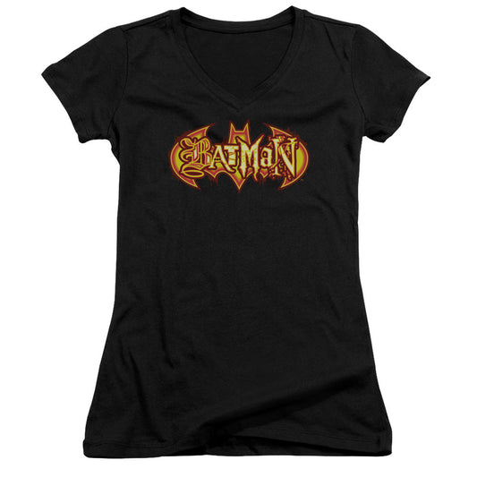 Batman Fiery Shield Junior Sheer Cap Sleeve V Neck Womens T Shirt Black