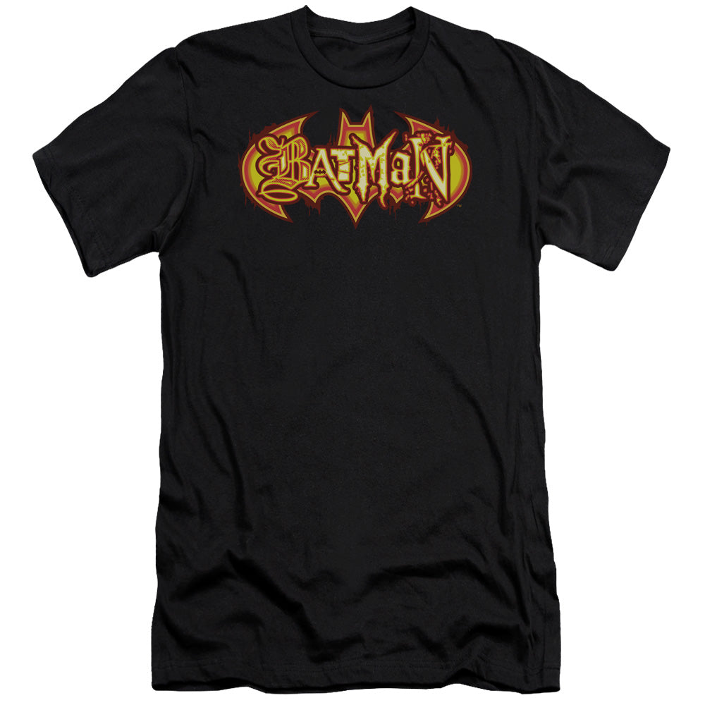 Batman Fiery Shield Premium Bella Canvas Slim Fit Mens T Shirt Black
