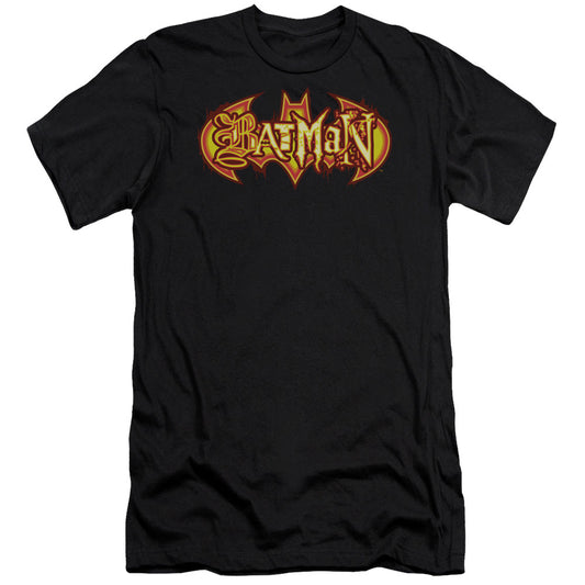 Batman Fiery Shield Premium Bella Canvas Slim Fit Mens T Shirt Black