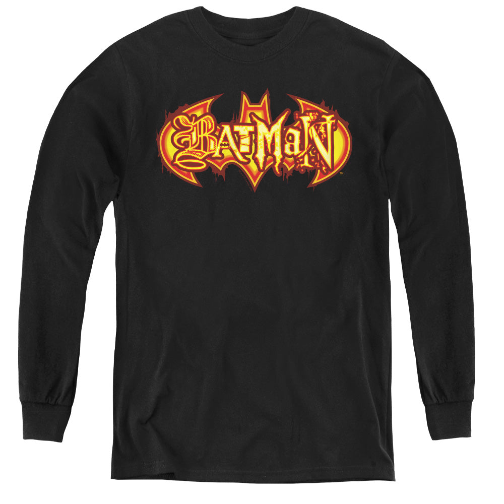 Batman Fiery Shield Long Sleeve Kids Youth T Shirt Black