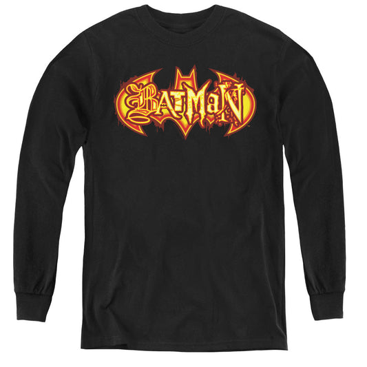 Batman Fiery Shield Long Sleeve Kids Youth T Shirt Black
