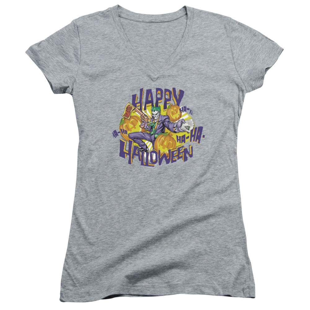 Batman Ha Ha Halloween Junior Sheer Cap Sleeve V Neck Womens T Shirt Athletic Heather