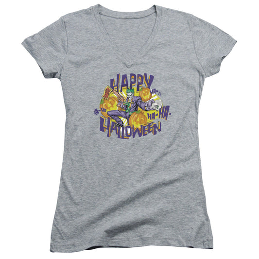 Batman Ha Ha Halloween Junior Sheer Cap Sleeve V Neck Womens T Shirt Athletic Heather