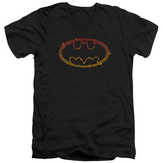 Batman Flame Outlined Logo Mens Slim Fit V Neck T Shirt Black