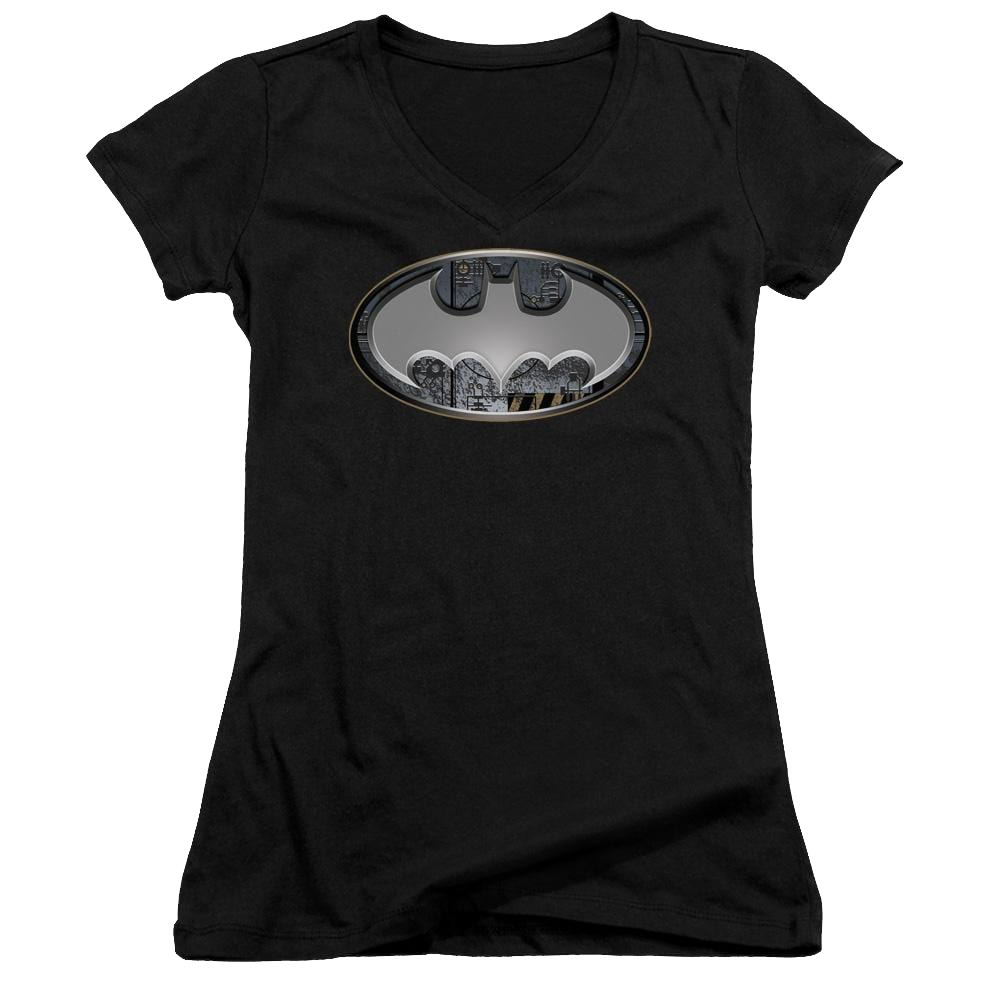 Batman Steel Wall Shield - Juniors V-Neck T-Shirt