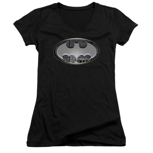 Batman Steel Wall Shield - Juniors V-Neck T-Shirt