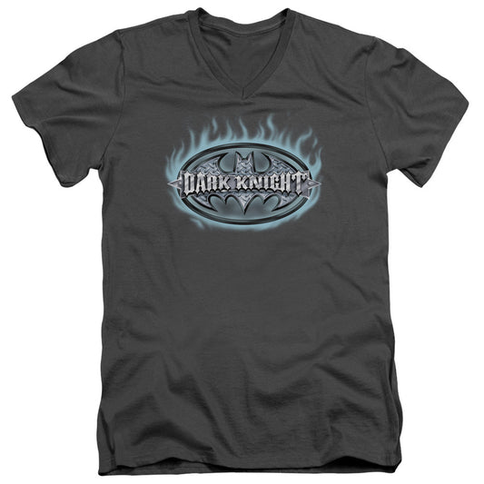 Batman Dark Knight Steel Shield Mens Slim Fit V Neck T Shirt Charcoal