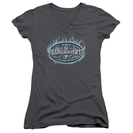 Batman Dark Knight Steel Shield Junior Sheer Cap Sleeve V Neck Womens T Shirt Charcoal
