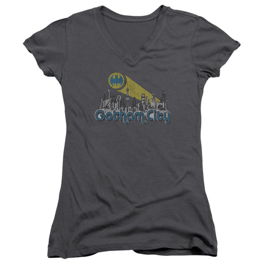 Batman Gotham City Distressed Junior Sheer Cap Sleeve V Neck Womens T Shirt Charcoal