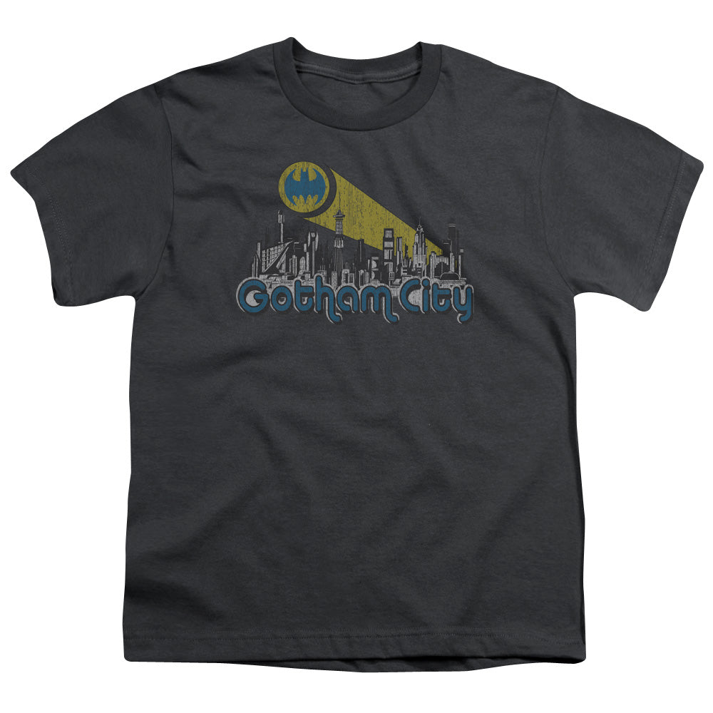 Batman Gotham City Distressed Kids Youth T Shirt Charcoal