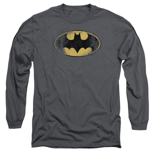 Batman Destroyed Logo Mens Long Sleeve Shirt Charcoal