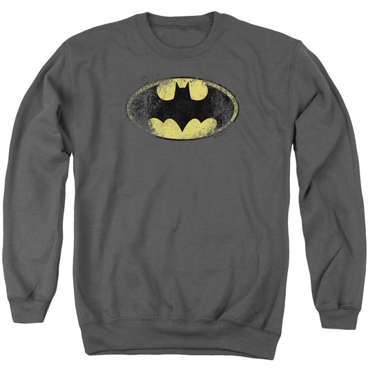 Batman Destroyed Logo Mens Crewneck Sweatshirt Charcoal