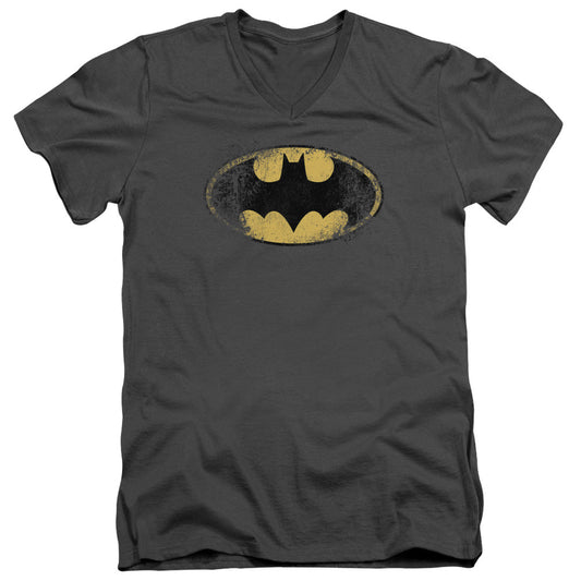 Batman Destroyed Logo Mens Slim Fit V Neck T Shirt Charcoal