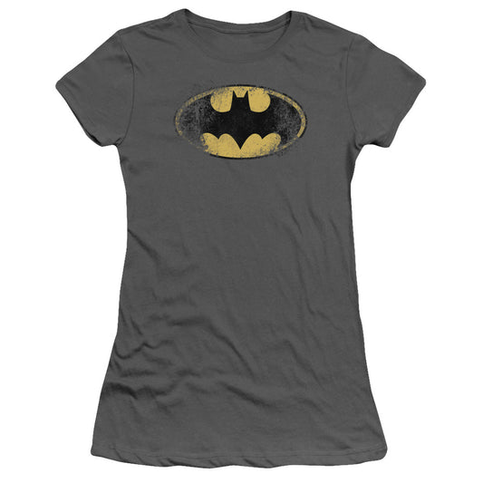 Batman Destroyed Logo Junior Sheer Cap Sleeve Womens T Shirt Charcoal