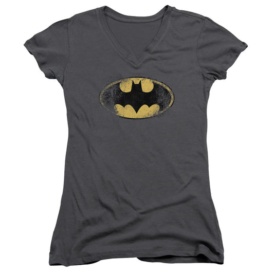 Batman Destroyed Logo Junior Sheer Cap Sleeve V Neck Womens T Shirt Charcoal
