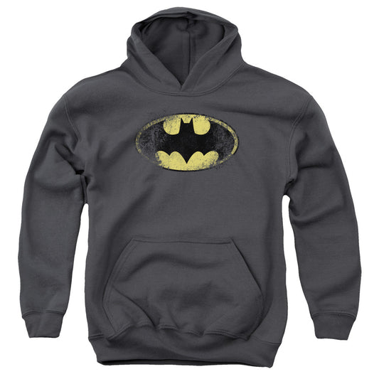 Batman Destroyed Logo Kids Youth Hoodie Charcoal