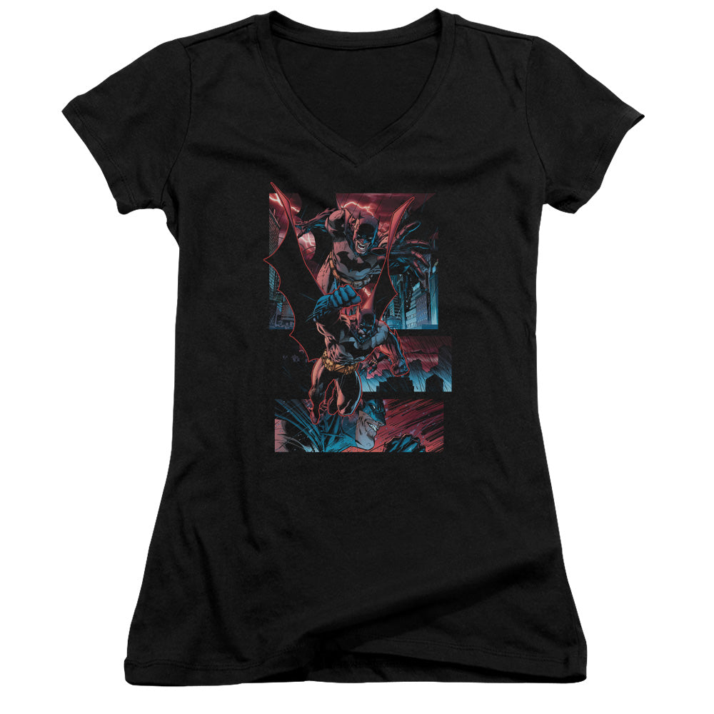 Batman Dark Knight Panels Junior Sheer Cap Sleeve V Neck Womens T Shirt Black