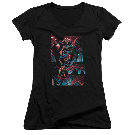 Batman Dark Knight Panels Junior Sheer Cap Sleeve V Neck Womens T Shirt Black