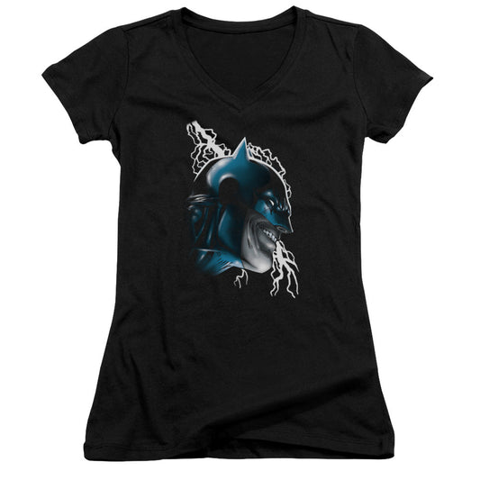 Batman Crazy Grin Junior Sheer Cap Sleeve V Neck Womens T Shirt Black