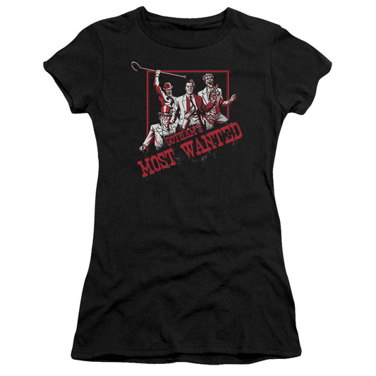 Batman Gothams Most Wanted Junior Sheer Cap Sleeve Womens T Shirt Black