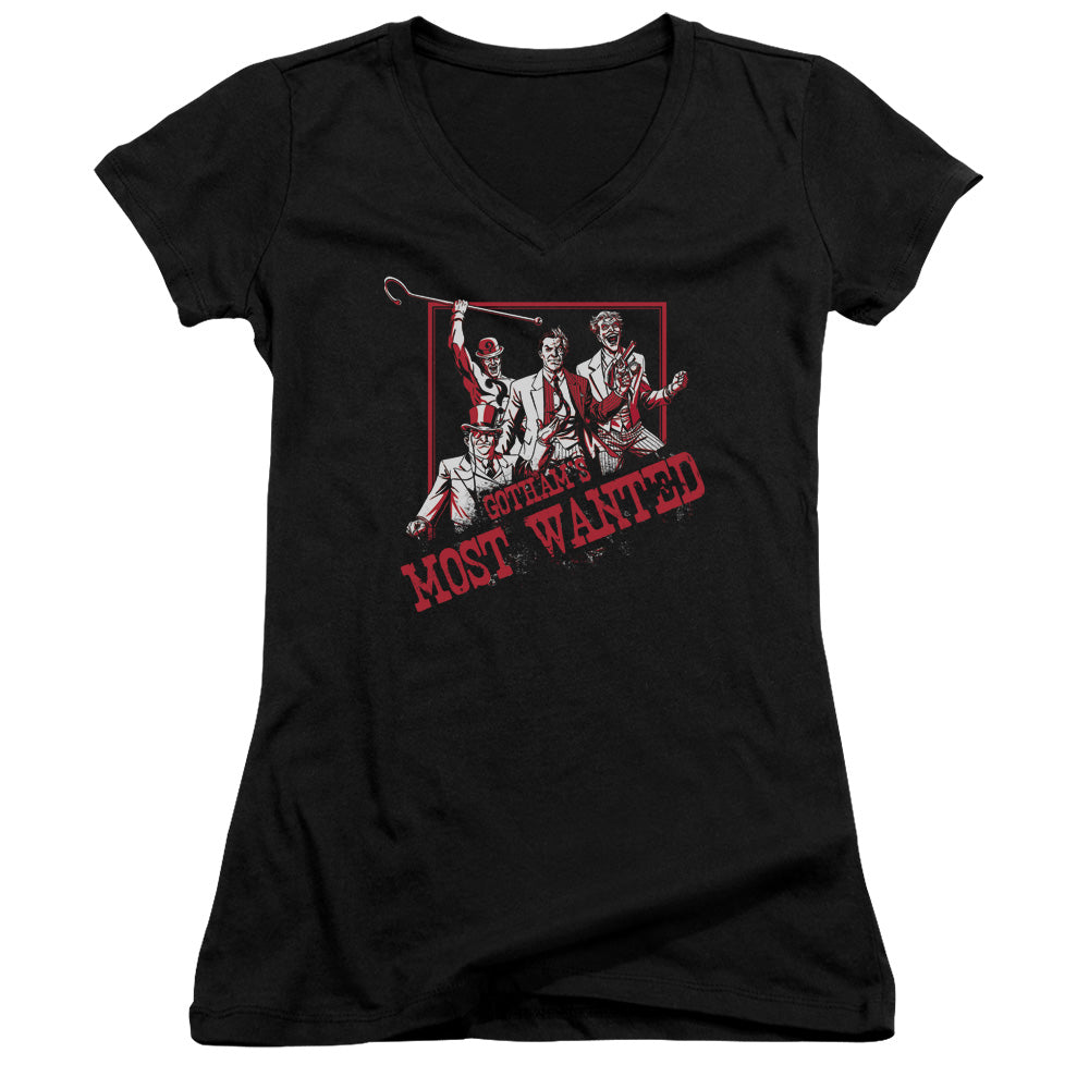 Batman Gothams Most Wanted Junior Sheer Cap Sleeve V Neck Womens T Shirt Black