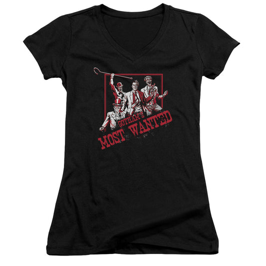 Batman Gothams Most Wanted Junior Sheer Cap Sleeve V Neck Womens T Shirt Black