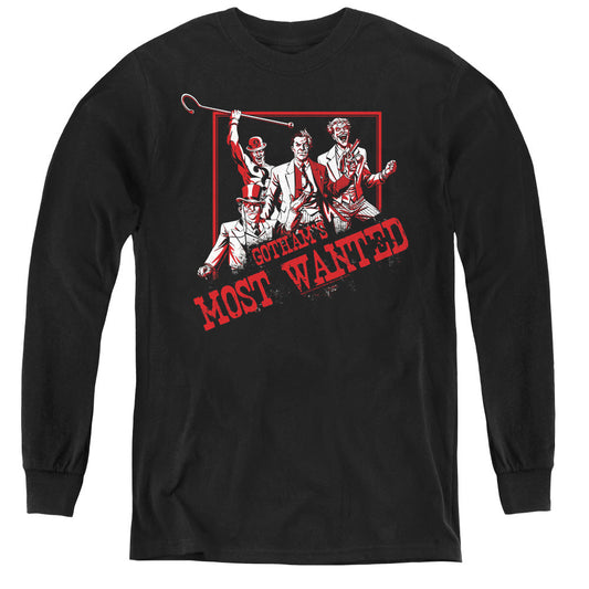 Batman Gothams Most Wanted Long Sleeve Kids Youth T Shirt Black