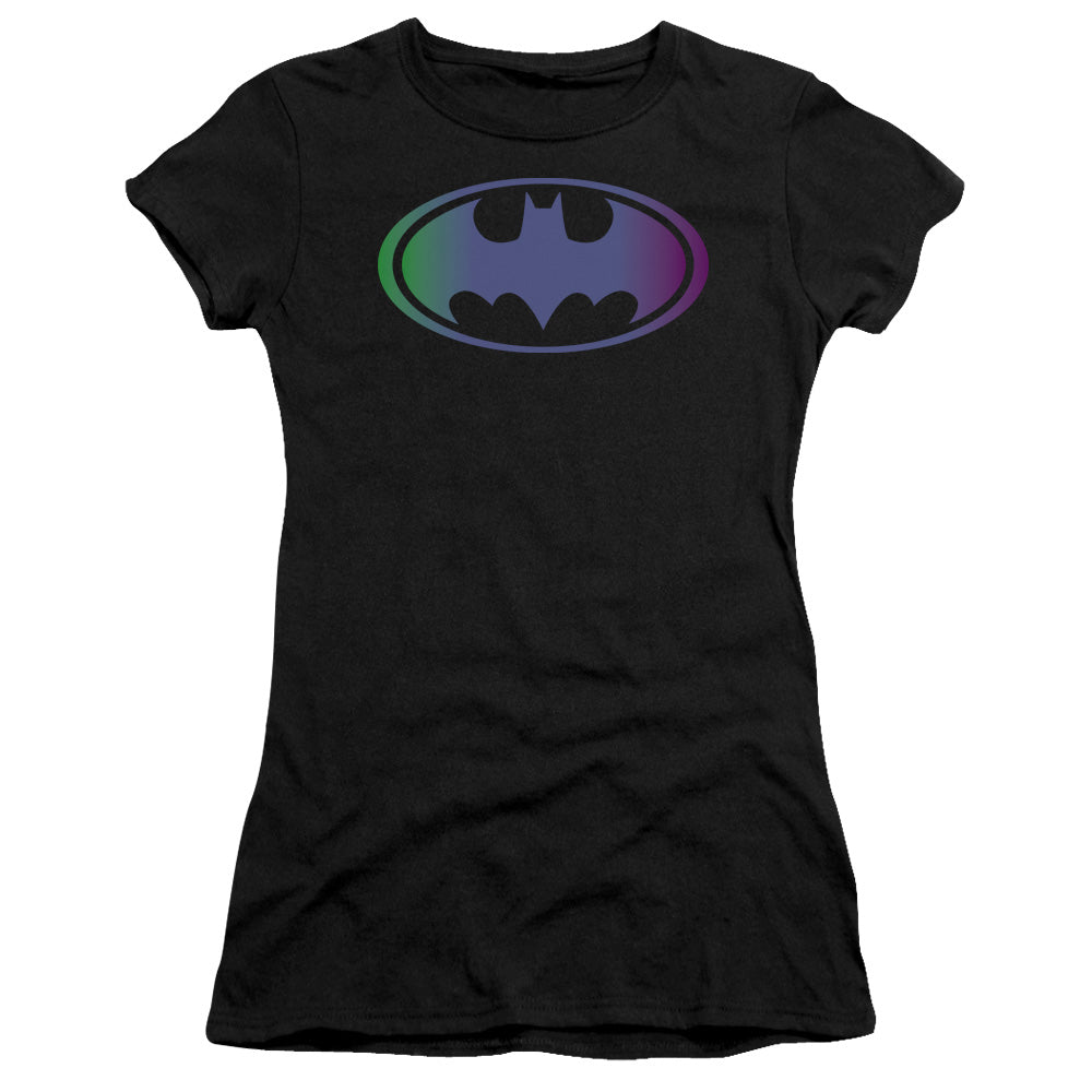 Batman Gradient Bat Logo Junior Sheer Cap Sleeve Womens T Shirt Black