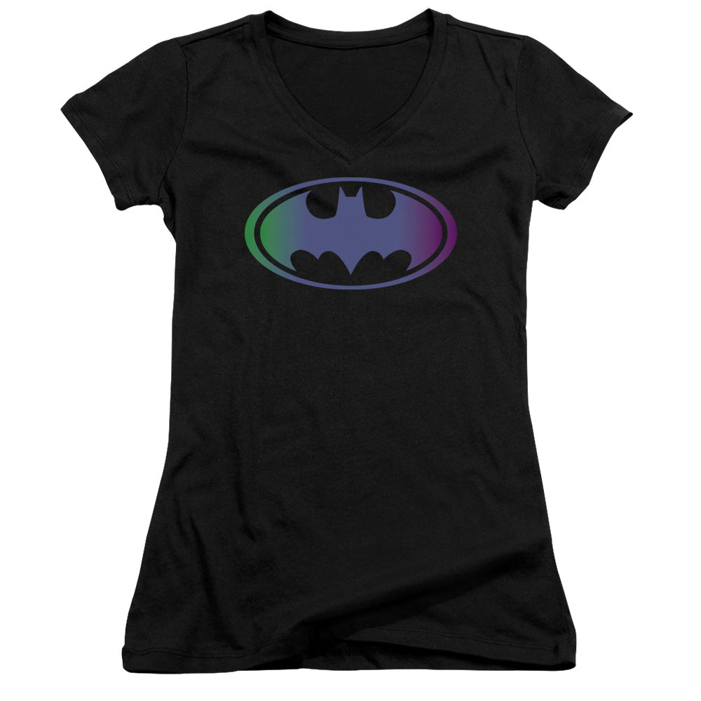 Batman Gradient Bat Logo Junior Sheer Cap Sleeve V Neck Womens T Shirt Black