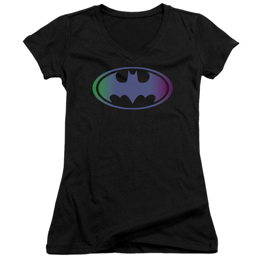 Batman Gradient Bat Logo Junior Sheer Cap Sleeve V Neck Womens T Shirt Black