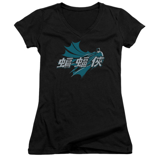 Batman Chinese Bat Junior Sheer Cap Sleeve V Neck Womens T Shirt Black