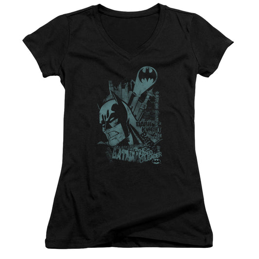 Batman Grited Teeth Junior Sheer Cap Sleeve V Neck Womens T Shirt Black