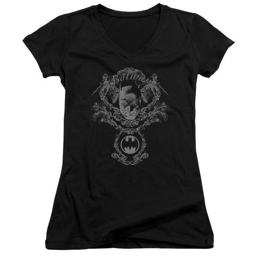 Batman Dark Knight Heraldry Junior Sheer Cap Sleeve V Neck Womens T Shirt Black