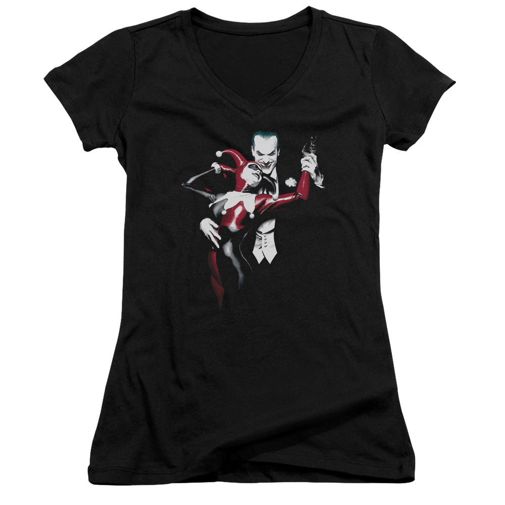 Batman Harley And Joker Junior Sheer Cap Sleeve V Neck Womens T Shirt Black