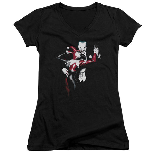 Batman Harley And Joker Junior Sheer Cap Sleeve V Neck Womens T Shirt Black