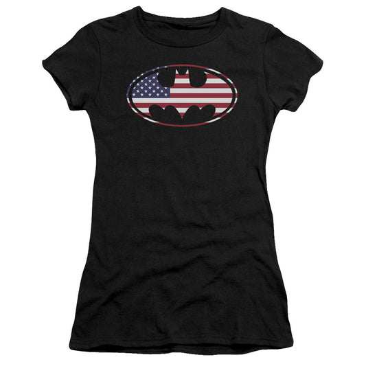 Batman American Flag Oval Junior Sheer Cap Sleeve Womens T Shirt Black
