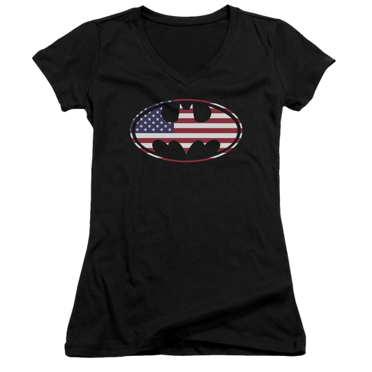 Batman American Flag Oval - Juniors V-Neck T-Shirt