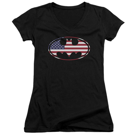 Batman American Flag Oval Junior Sheer Cap Sleeve V Neck Womens T Shirt Black