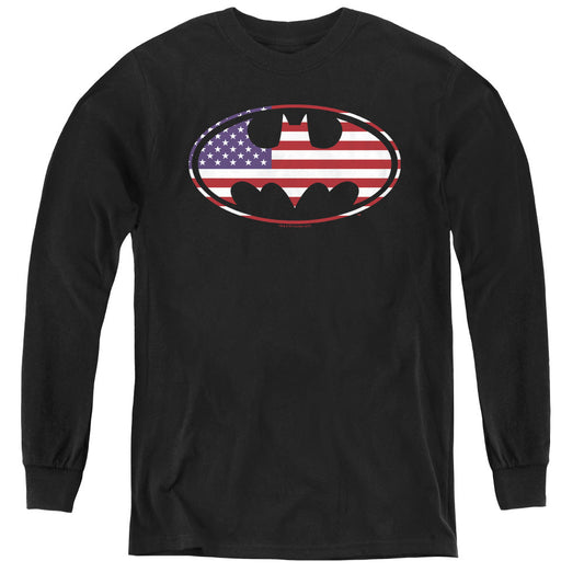 Batman American Flag Oval Long Sleeve Kids Youth T Shirt Black