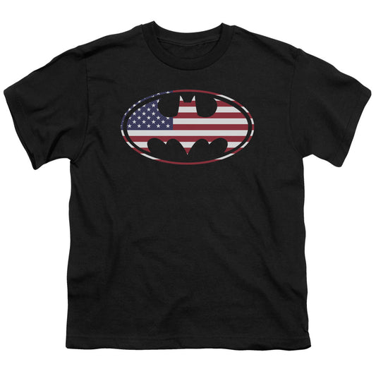 Batman American Flag Oval Kids Youth T Shirt Black