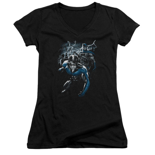 Batman Dynamic Duo Junior Sheer Cap Sleeve V Neck Womens T Shirt Black